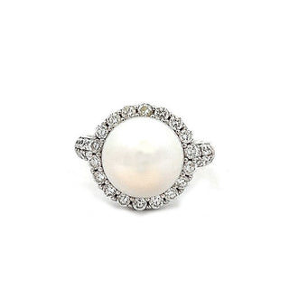 Freshwater Pearl and Cubic Zirconia Round Halo Dress Ring in Silver