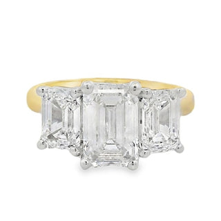 2.06ct Three Stone Emerald Cut Lab Grown Diamond Ring in 18ct Yellow Gold