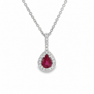 Ruby and Diamond Pear Cluster Drop Pendant in 18ct White Gold on 9ct White Gold Trace Chain