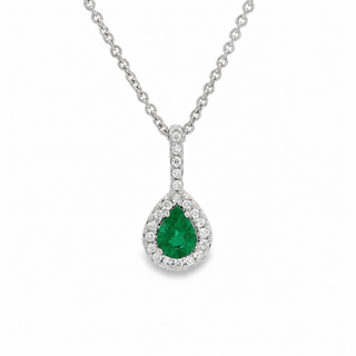 Emerald and Diamond Pear Cluster Drop Pendant in 18ct White Gold on 9ct White Gold Trace Chain