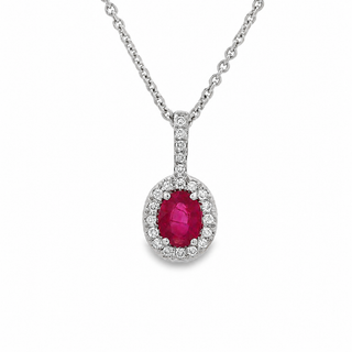 Ruby and Diamond Oval Cluster Drop Pendant in 18ct White Gold on 9ct White Gold Trace Chain