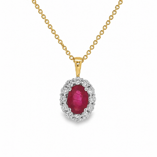 Ruby and Diamond Oval Cluster Pendant in 18ct Gold on 9ct Yellow Gold Trace Chain
