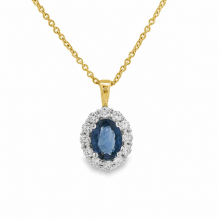 Sapphire and Diamond Oval Cluster Pendant in 18ct Gold on 9ct Yellow Gold Trace Chain