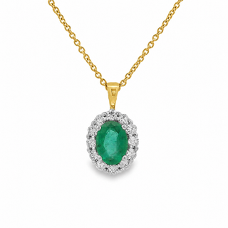 Emerald and Diamond Oval Cluster Pendant in 18ct Gold on 9ct Yellow Gold Trace Chain