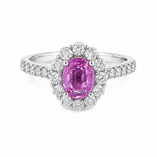 Pink Sapphire and Diamond Oval Cluster Ring in 18ct White Gold