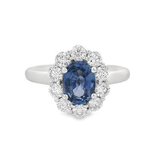Sapphire and Diamond Oval Cluster Ring in Platinum