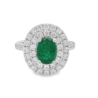 Emerald and Diamond Double Halo Oval Cluster Ring in Platinum