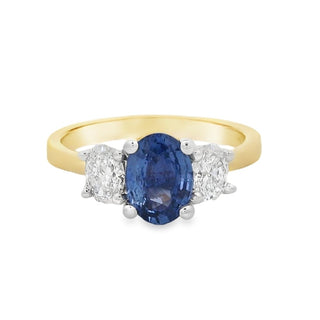 Sapphire and Diamond Three Stone Oval Ring in 18ct Yellow Gold