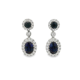 Sapphire and Diamond Oval Cluster Drop Earrings in 18ct White Gold