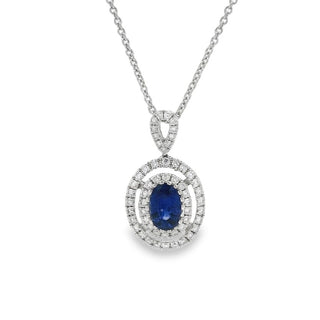 Sapphire and Diamond Oval Cluster Pendant in 18ct White Gold on 9ct White Gold Trace Chain