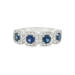 Sapphire and Diamond Four Stone Cushion Shaped Cluster Ring in 18ct White Gold
