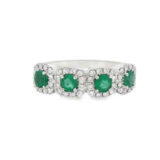 Emerald and Diamond Four Stone Cushion Shape Cluster Ring in 18ct White Gold