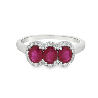 Ruby and Diamond Three Stone Oval Cluster Ring in 18ct White Gold
