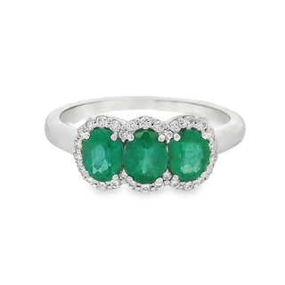 Emerald and Diamond Three Stone Oval Dress Ring in 18ct White Gold