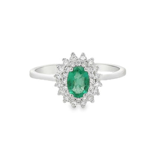 Emerald and Diamond Oval Cluster Dress Ring in 18ct White Gold