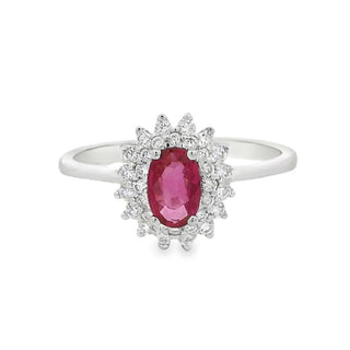 Ruby and Diamond Oval Cluster Dress Ring in 18ct White Gold