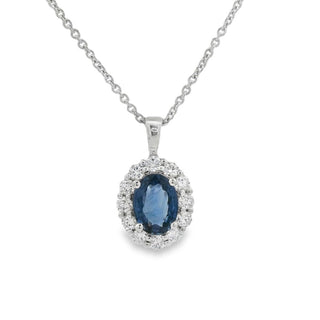 Sapphire and Diamond Oval Cluster Pendant in 18ct White Gold on 9ct White Gold Trace Chain