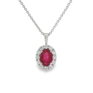 Ruby and Diamond Oval Cluster Pendant in 18ct White Gold on 9ct White Gold Trace Chain