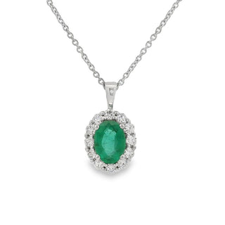 Emerald and Diamond Oval Cluster Pendant in 18ct White Gold on 9ct White Gold Trace Chain