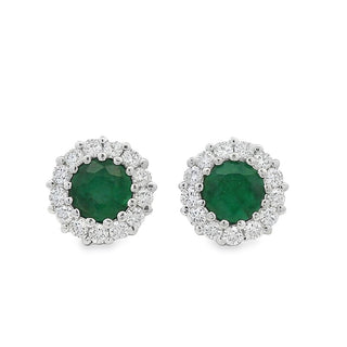 Emerald and Diamond Round Cluster Stud Earrings in 18ct White Gold