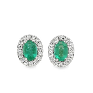 Emerald and Diamond Oval Cluster Stud Earrings In 18ct White Gold
