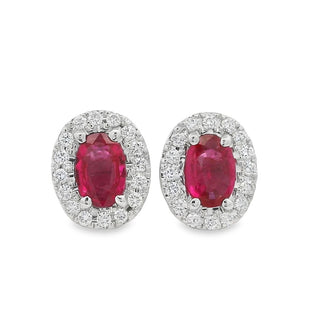 Ruby and Diamond Oval Cluster Stud Earrings In 18ct White Gold