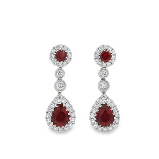 Ruby and Diamond Fancy Pear Shaped Cluster Drop Earrings in 18ct White Gold