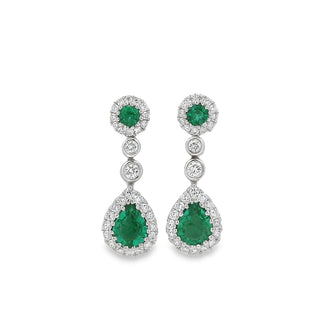 Emerald and Diamond Fancy Pear Shaped Cluster Drop Earrings in 18ct White Gold