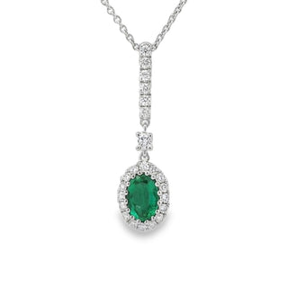Emerald and Diamond Oval Cluster Drop Pendant in 18ct White Gold on 9ct White Gold Trace Chain