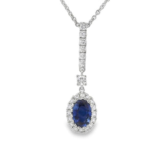 Sapphire and Diamond Oval Cluster Drop Pendant in 18ct White Gold on 9ct White Gold Trace Chain