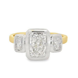 1.51ct Radiant Three Stone Bezel Set Lab Grown Diamond Ring in 18ct Yellow Gold
