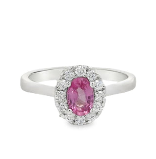 Pink Sapphire and Diamond Oval Cluster Ring in Platinum