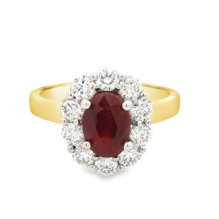 Ruby and Diamond Oval Cluster Ring in 18ct Yellow Gold
