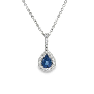 Sapphire and Diamond Pear Cluster Drop Pendant in 9ct White Gold on 9ct White Gold Trace Chain