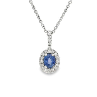 Sapphire and Diamond Oval Cluster Drop Pendant in 9ct White Gold on 9ct White Gold Trace Chain