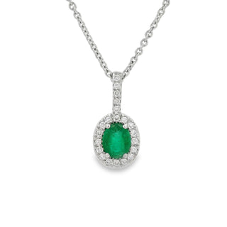 Emerald and Diamond Oval Cluster Drop Pendant in 9ct White Gold on 9ct White Gold Trace Chain