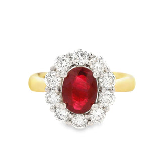 Ruby and Diamond Oval Cluster Ring in 18ct Yellow Gold