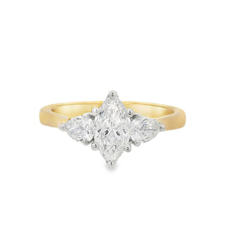 0.70ct E VS2 Marquise Cut Solitaire Diamond Engagement Ring with Pear Cut Sides in 18ct Yellow Gold