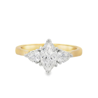 0.70ct E VS2 Marquise Cut Solitaire Diamond Engagement Ring with Pear Cut Sides in 18ct Yellow Gold