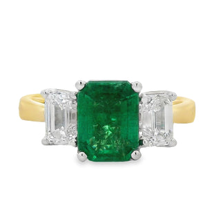 Emerald and Diamond Emerald Cut Three Stone Ring in 18ct Yellow Gold