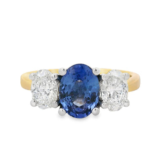 Sapphire and Diamond Oval Cut Three Stone Ring in 18ct Yellow Gold