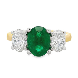 Emerald and Diamond Oval Cut Three Stone Ring in 18ct Yellow Gold