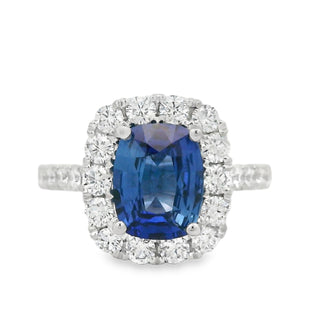 Sapphire and Diamond Cushion Cluster Ring is Platinum