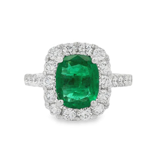 Emerald and Diamond Cushion Cluster Ring is Platinum