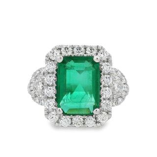 Emerald and Diamond Fancy Cluster Ring is Platinum