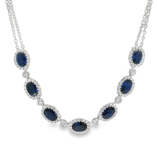 Sapphire and Diamond Fancy Oval Cluster Necklet in 18ct White Gold