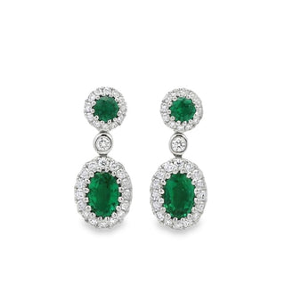 Emerald and Diamond Fancy Oval Cluster Drop Earrings in 18ct White Gold